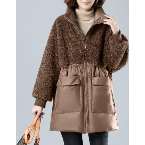 Winter Down Cotton Jacket Women Stitching Lamb Wool Coat Thick Warm Fashion Waist Drawstring Overcoat Plus Size Mother Clothes