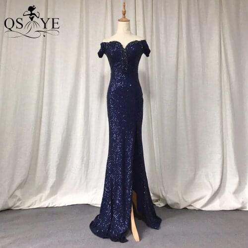 QSYYE Navy Evening Dress Sequins Mermaid Sexy Off the Shoulder Long Party Dress Side Sleeves Formal Dress Beading Neck Part