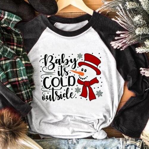 Christmas Snowman Print Funny Casual Loose Long Sleeve Tops Christmas Clothes Womens T Shirt Baby Its Cold Out Side