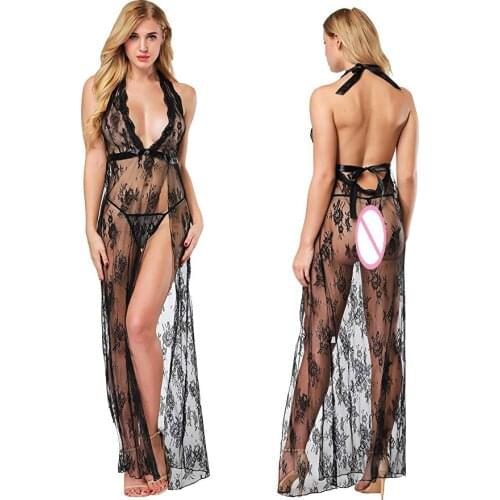 Sexy Transparent Lingerie Mesh Halter Backless Womens Nightdress Hot Erotic Porno See Through Underwear Sex Outfits for Women