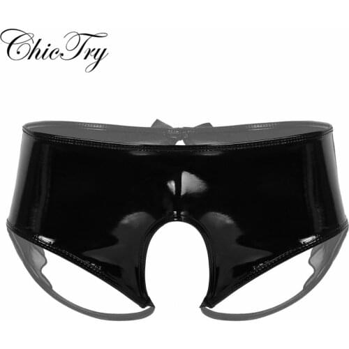 Sexy Fashion Male Mens Wet Look Patent Leather Lingerie Open Crotch with Sheer Organza Trim Sissy Briefs Underwear Panties