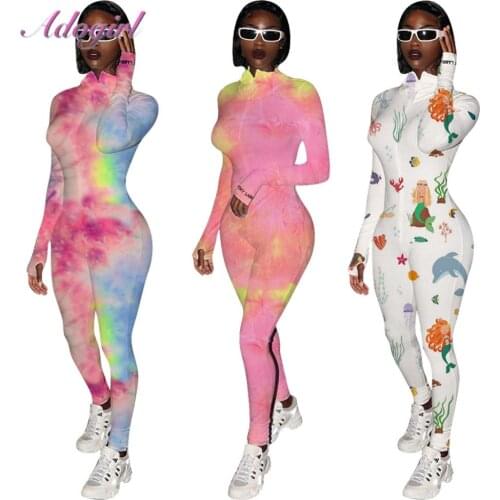 Sexy Tie Dye Print Long Sleeve Zipper Up Night Party Club Jumpsuit Women Outfit Streetwear Outfit Fitness Rompers Sport Overalls