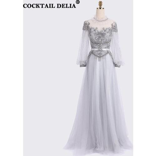 Sliver A-Line Womens Evening Dresses Dubai Long Luxury 2021 Party Gown Sparkly Crystal Beads Sleeves Formal Dress Elegant