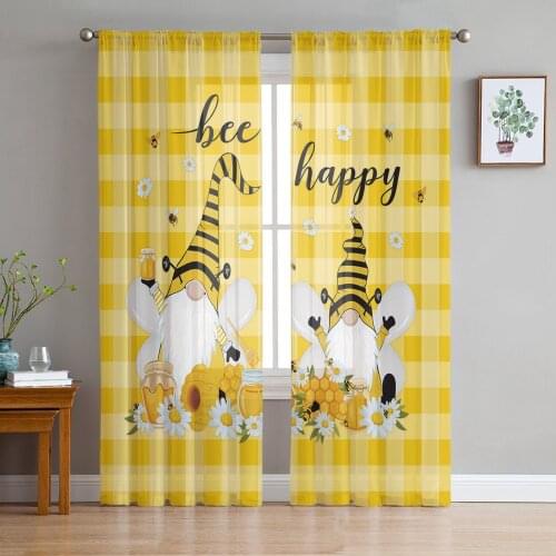 Bee Dwarf Daisy Honey Yellow Plaid Sheer Curtains for Living Room Modern Voile Curtain Bedroom Tulle Curtains Window Drapes
