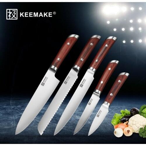 SUNNECKO 5PCS Kitchen Knives Set Utility Chef Knife German 1.4116 Steel Sharp Blade 58HRC Color Wood Handle Meat Chef Cut Knife