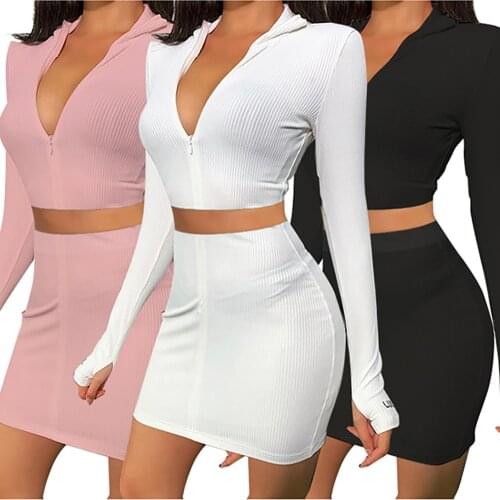 Streetwear Embroidery Lucky Label Dress Two Pieces Set Zipper Long Sleeve Crop Top with Mini Dress Knit Rib Bodycon Women Dress