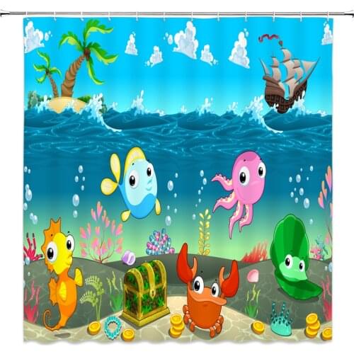 Cute Cartoon Ocean Animal Shower Curtain Child Funny Bathroom Decor Waterproof Polyester Cloth Bath Curtains With Hooks