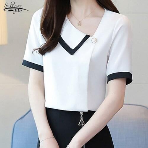 2021 Summer Tops Fashion Square Vneck Office Shirts Chiffon Blouse White Shirt Short Sleeve Woman Clothing for Women Blusas 9203