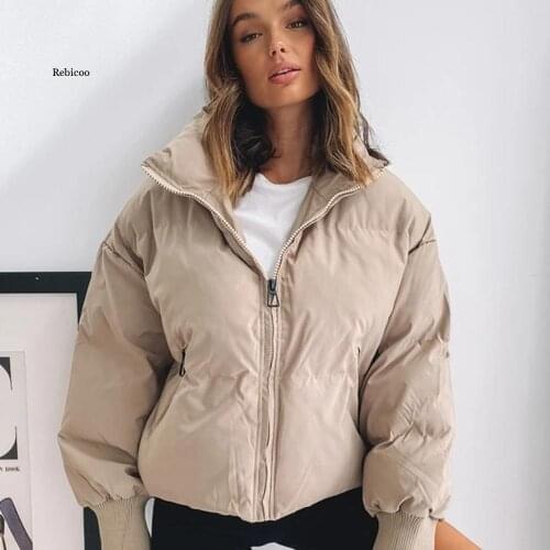 Women Winter Jacket Stand Collar Solid Khaki Black Cotton Coat Female Warm Short Parka 2020 Casual Streetwear Outerwear