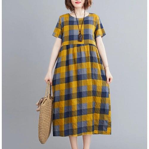 2021 New Arrival Short Sleeve Fashion Summer Dress Print Plaid Linen Cotton Loose Holiday Beach Casual Dress Women Vintage Dress