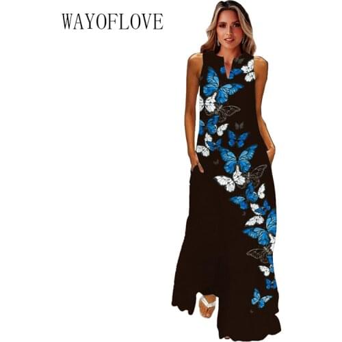 WAYOFLOVE Fashion Butterfly Print Black Dress 2021 Casual Plus Size Dresses Summer Woman Sleeveless Girls Beach Maxi Dress Women