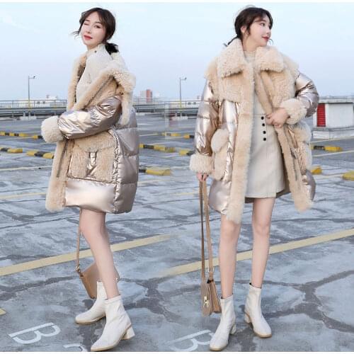 Winter Down Parka Wool Fur Jacket Women Bright face down cotton Outwear Female Elegant Patchwork Parkas Ladies Winter Coat women