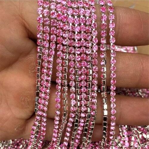 10Yard Bright Dyeing Pink DIY Rhinestone Chain Dense Silver Base Claw Crystal Rhinestone Chain Wedding Clothing Art Decoration