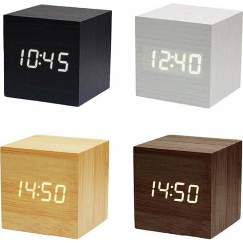 2020 Creative Digital Wooden LED Alarm Clock Wooden Clock Desktop Table Decoration Voice Control with Thermometer Desk Tools