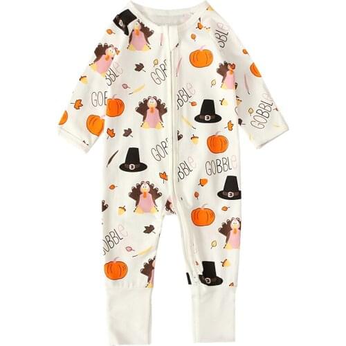 2021 Halloween Newborn Baby Boys Clothes Sets Baby Jumpsuit, Pumpkin & Letter Print Long Sleeve Round Neck Zipper Romper