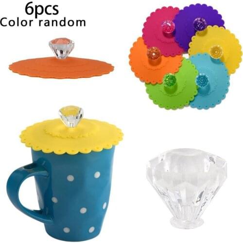 6Pcs Reusable Diamond With Flower Pattern Cup Lids Dust-Proof Silicone MugCover Seals Glass Mugs Cover Drinkware Parts