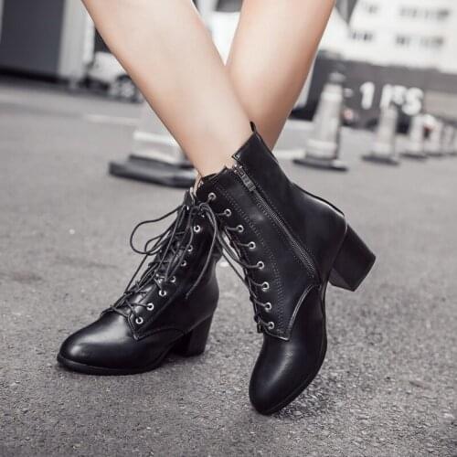 Cross Tied Ladies Fashion Short Boots Spring Autumn Zipper Slim Fit Plus Size Boots Female Winter Thick High Heel Womens Boots