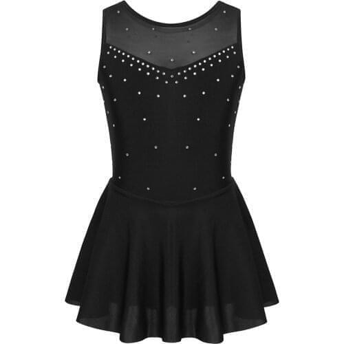 Kids Girls Ballet Dance Leotard Dress Sleeveless Sparkly Rhinestone Tulle Back Figure Ice Skating Dress Roller Skating Costume