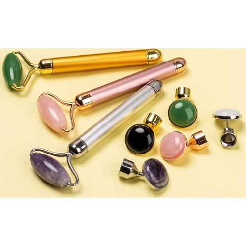 Electric Jade Roller Vibrating Rose Quartz/Aventurine Massager for Face Eye Neck Facial Massage Skin Care Chin Lift Slim Tool