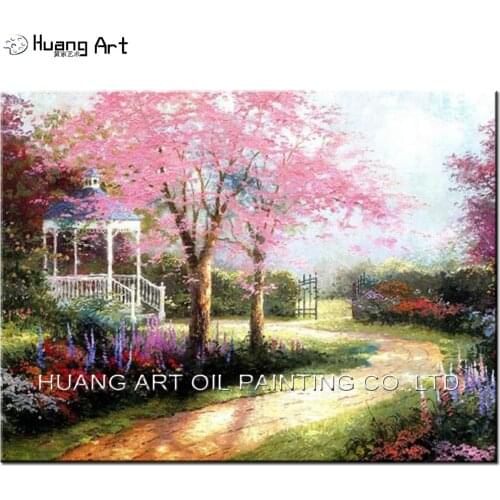 China Painter Handmade Thomas Landscape Oil Painting On Canvas Hand Painted Garden Scenery Wall Painting Pink Tree Picture Art