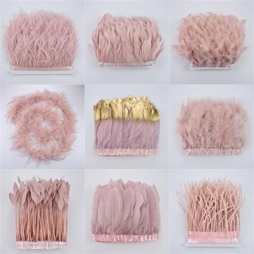2Meters Leather Pink Pheasant Feathers Trim Boa on tape Turkey Goose Ostrich Feather Fringe Goose Marabou Clothing decorations