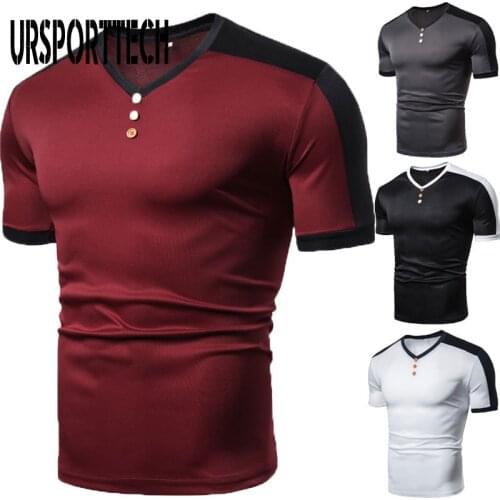 Summer T-shirt Mens Oversize V-Neck Men Tshirt Short Sleeve Patchwork Quick Dry Breathable Sports Jogger Mens T-shirt Tops