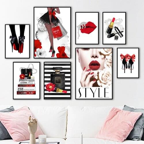 Fashion Girl Perfume Red Lips Rose Bag Wall Art Canvas Painting Nordic Posters And Prints Wall Pictures For Living Room Decor