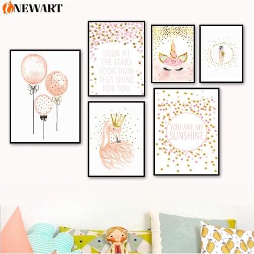 Pink Nursery Girl Wall Art Poster Positive Letter Golden Canvas Painting for Kids Bedroom Cartoon Decoration Child Room Picture