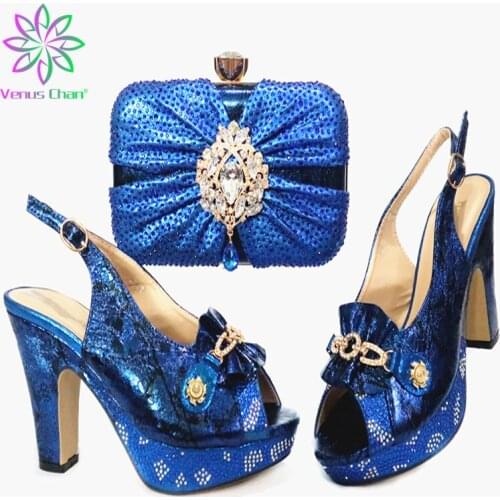 Sexy Women Shoes and Bag Set Italian Royal Blue Mature Style Lady Shoes Matching Hand Bag for Wedding
