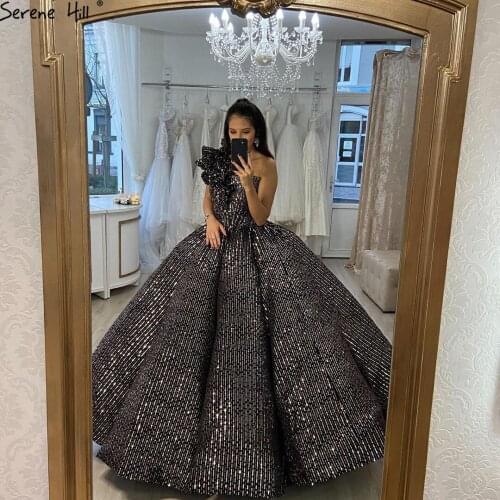 Serene Hill Dubai Brown Sequined Sleeveless Bling Wedding Dress 2020 One Shoulder Luxury Sexy Bridal Gown Cusotm Made CHM66860