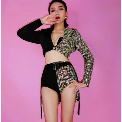 Sparkly AB Colorful Rhinestones Blazer Short Skirt 2-Piece Set Women Dj Female Singer Nightclub Dance Rhinestone Jacket Costume