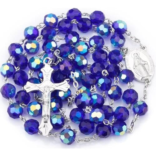 Dark Blue Glass Crystal Catholic Rosary Necklace Virgin Christ Cross Rosary Necklace