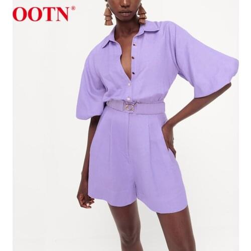 OOTN Casual Purple Playsuits Lantern Sleeve Women Short Jumpsuits Buttons High Waist Bodysuits Ladies Rompers Cotton Khaki 2021