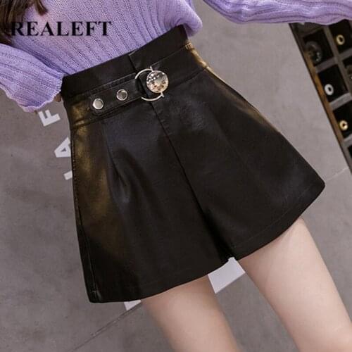REALEFT Vintage Faux PU Leather Womens Shorts Autumn Winter 2021 New Fashion High Waist Wide Leg Ladies Black Trousers Female
