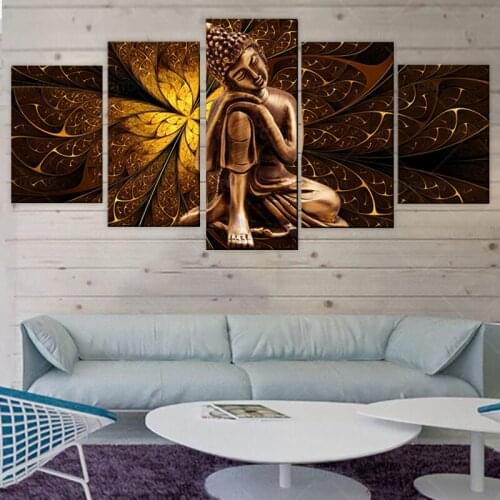 Gold Buddha Canvas Painting Wall Art Picture Poster Modular 5 Pieces HD Print For Modern Style Living Room Home Decor Framed