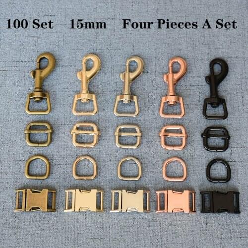 100 Set 15mm Metal D Ring+Snap Hook+Adjustable+Release Buckle DIY Dog Collar and Leash Accessories 4JT15mm7826
