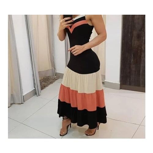 2021 Women spaghetti strap colorblock maxi dress