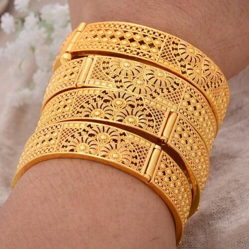 4pcs/Lot Dubai Bangle Big Size Gold Color Bride Bangles For Women Wedding Flower Bracelet African Arab Jewelry Can Open