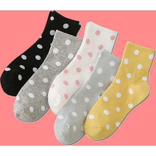 5 Pairs/lot Cotton Women Socks Elegant Dot Pattern 5 Pure Colors Black White Grey Yellow Casual Short Socks 2020 Type