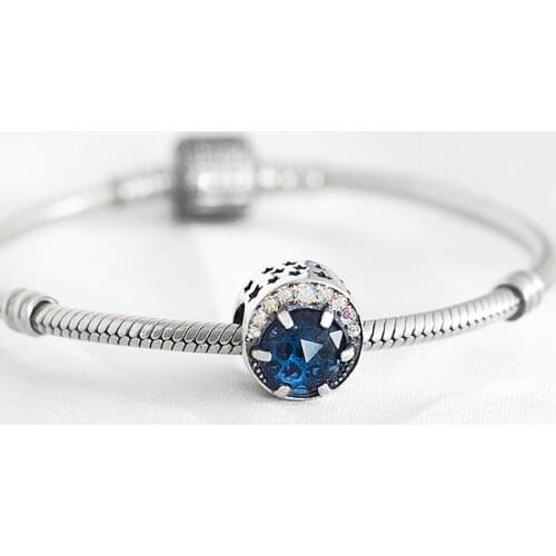 Authentic S925 Silver Moon And Night Sky With Crystal Bead Charm fit Lady Bracelet Bangle DIY Jewelry