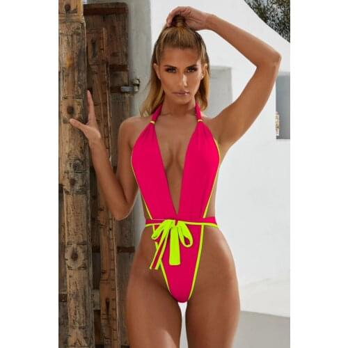 Bandage one piece swimsuit female Thong bikini 2021 Sexy v-neck swimwear women biquinis Neon high cut monokini Beach wear Lady