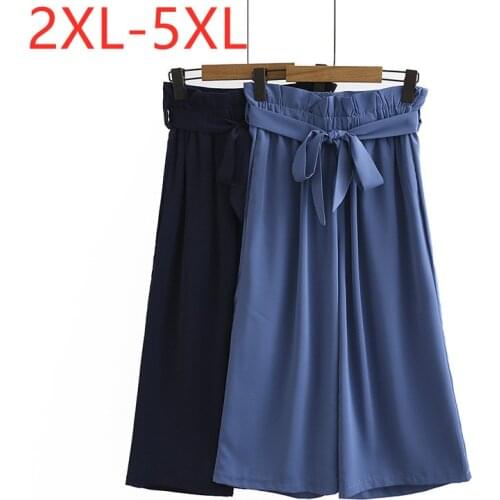 New 2021 Ladies Summer Plus Size Cropped Pants For Women Loose Casual Wide Leg Blue Belt Chiffon Trousers 2XL 3XL 4XL 5XL