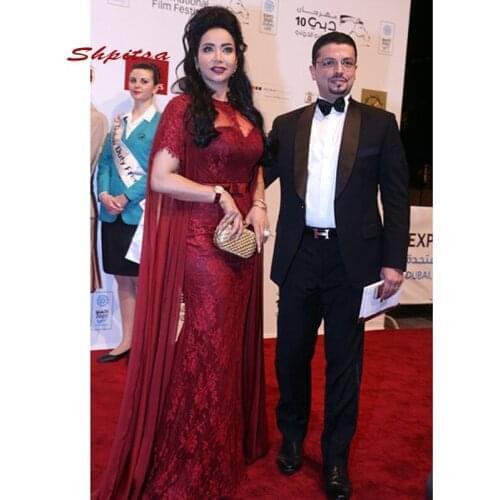 Burgundy Long Lace Arabic Evening Dresses Mermaid Party High Neck Turkish Dubai Prom Formal Evening Gowns Dresses with Sleeves