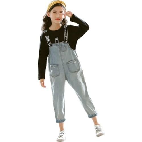 Children Teens Clothes Sets Vintage Denim Loose Jumpsuit Overalls + Tops School Jeans Playsuit 2pcs Sets For Girls 4-14 Years