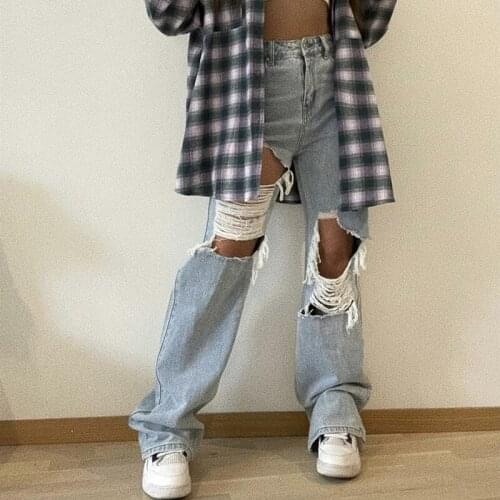 2021 Fashion Women Jeans Ripped Denim Pants High Waist Hole Baggy Straight Pants Casual Sexy Loose Wide Leg Trouser Streetwear