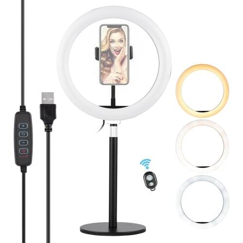 Photogrphy Lighting 10 Inch Ring Light Selfie Beauty LED Light USB+Desktop Light Stand+Remote Shutter for Live Streaming Vlog