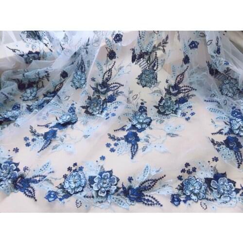 GLace 1Y/Lot High qualtiy blue 3D flower beaded embroidery lace fabric soft mesh fabric heavy handmade cloth skirt dress TX925