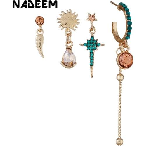 Brincos 4 Pcs/Set Women Green Crystal Boho Stud Earrings Sets for Women Gold Sun,Leaf,Star,C,Boucle D'oreille Earring Jewelry