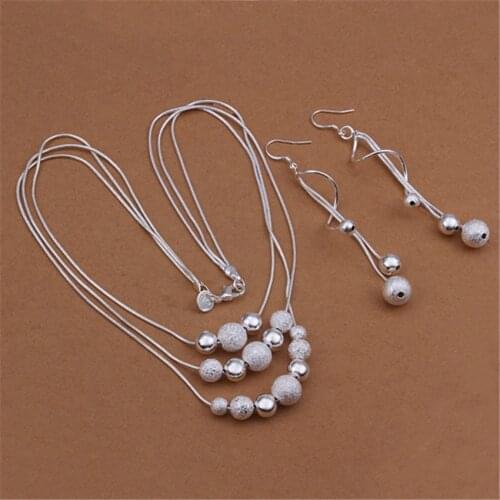 Hot silver color jewelry set charm temperament European style three chain multi beads necklace Drop Earrings S423