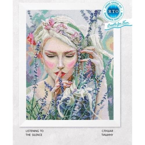 Higher Cotton Beautiful Counted Cross Stitch Kit Listening To The Silence Listen Girl Maid Woman and Lavender Flower